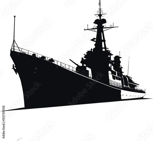 Black silhouette of a cargo ship sailing on the dark ocean water, a vector illustration of marine transportation