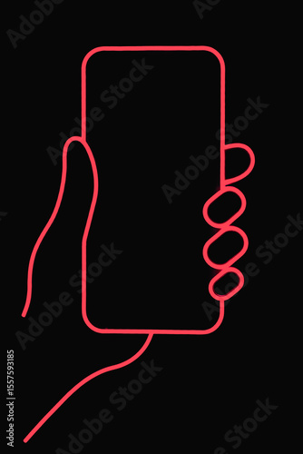 a neon-like outline of a hand holding a smartphone against a black background