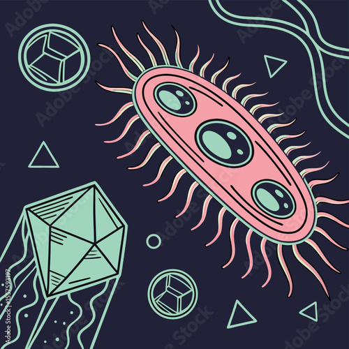 Stylized illustration of a pink bacterium with teal shapes on a dark background with lines