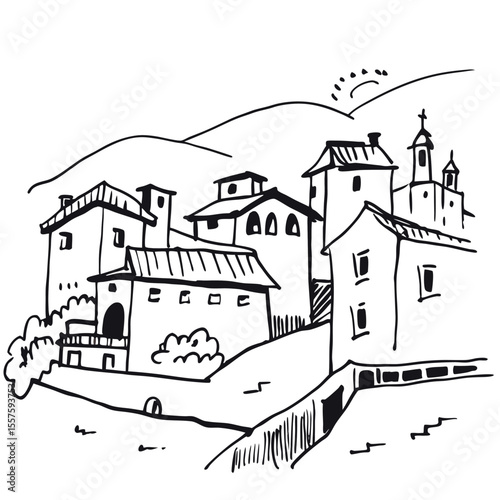 Charming old town houses in picturesque rural tuscany landscape