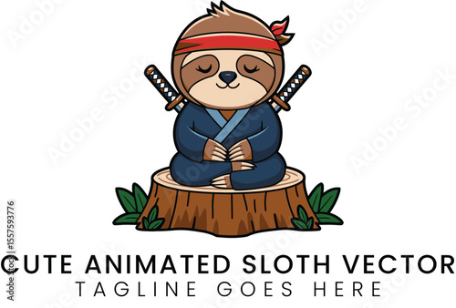 Charming sloth ninja sitting on a tree stump in a delightful vector design