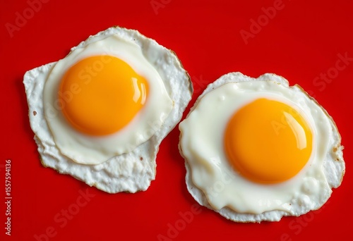 Two fried eggs sunny-side up on vibrant red background,  breakfast,   high resolution