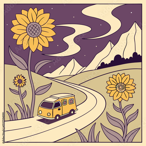 Illustration of a yellow van on a winding road with sunflowers and mountains at night and cloudy sky