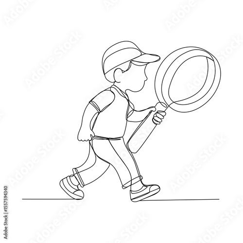 Continuous one line drawing of a child with a magnifying glass. Vector illustration 