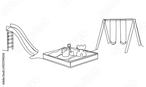 Continuous one line drawing of playground with sandbox, swing and slide. Vector illustration 