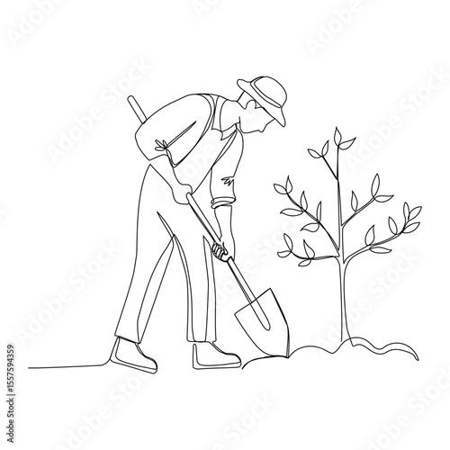 Continuous one line drawing of a person planting a tree. Vector illustration 