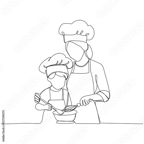 Continuous one line drawing of mother and child cooking together. Vector illustration 