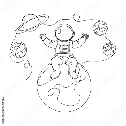 Continuous one line drawing of a little astronaut sitting on a planet. Vector illustration 