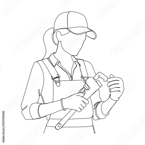 Continuous one line drawing of plumber with a pipe wrench. Vector illustration 