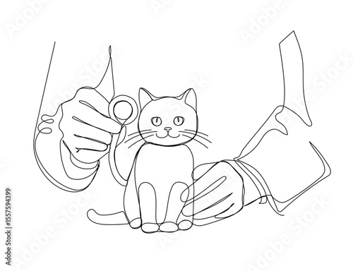 Continuous one line drawing of a veterinarian and a cat. Vector illustration 