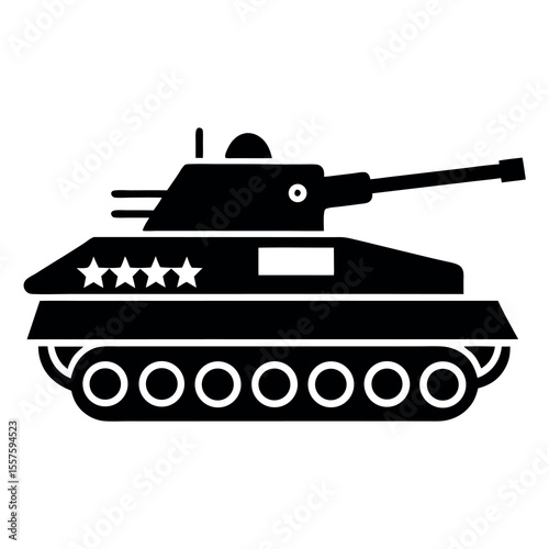 Black military tank icon for vehicle and warfare graphics