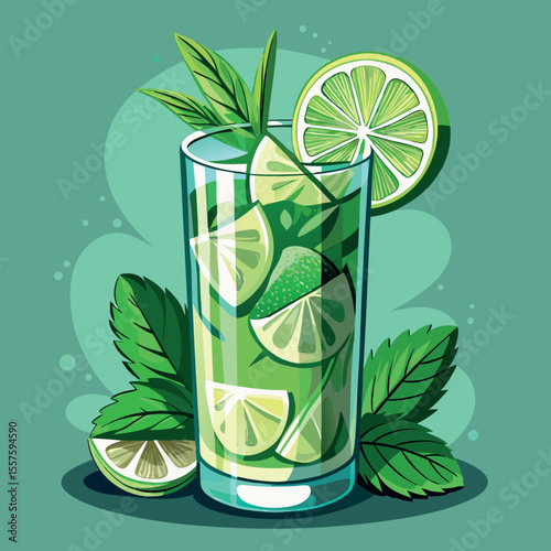 Refreshing minty green mojito cocktail in an elegant highball glass