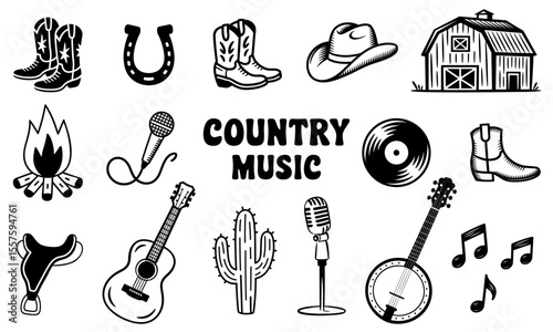 Country music and Wild West, vector illustration set, isolated on white background, including cowboy boots, hat, guitar, banjo, microphone, barn, horseshoe, vinyl record