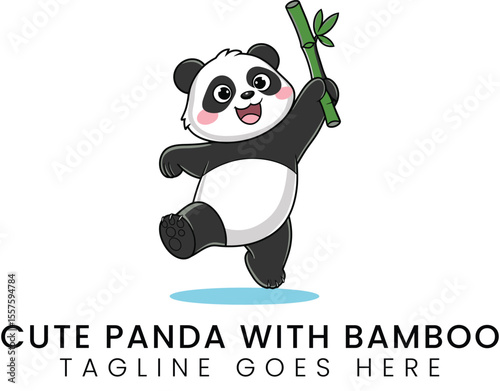 Cartoon panda with bamboo stalk is joyfully skipping across the scene