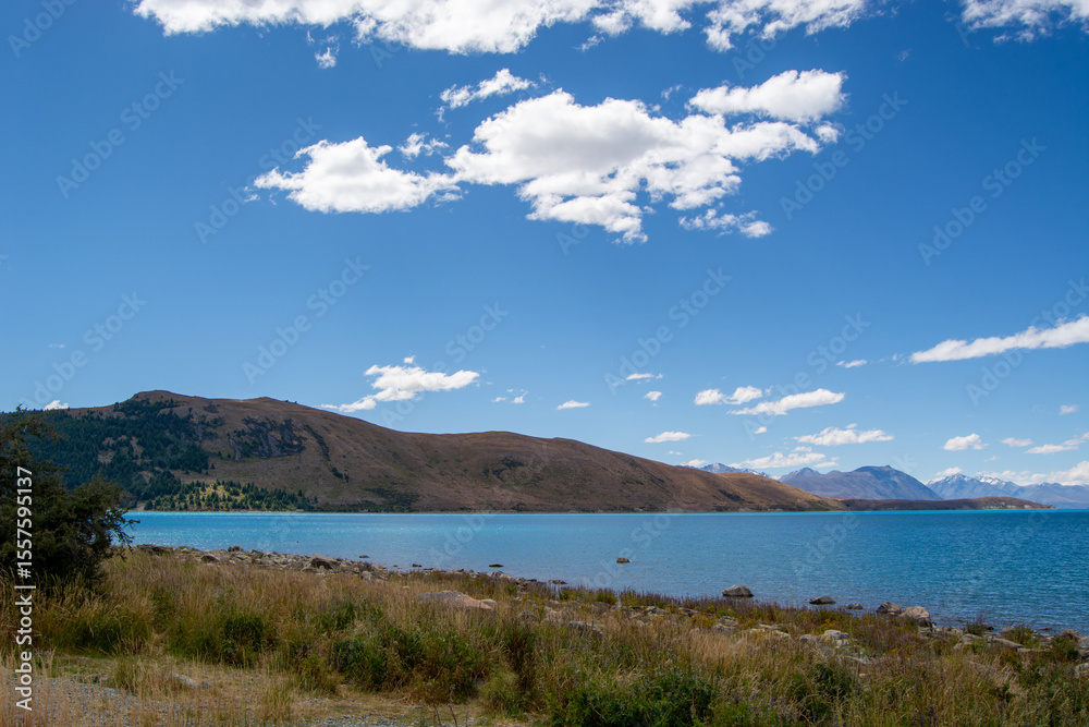 Serene Lake Landscape with Mountains and Blue Sky Serene Lake Landscape with Mountains and Blue Sky