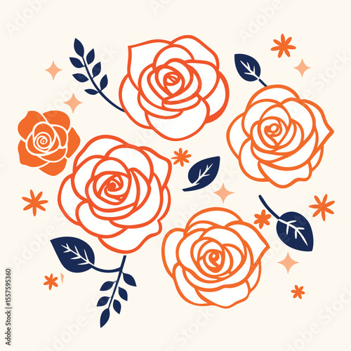 Elegant red rose illustration with green stems and leaves