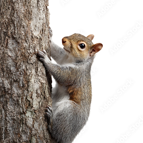 Eastern Gray Squirrel Climbing Tree Trunk Closeup Wildlife Photography white background against transparent Background
