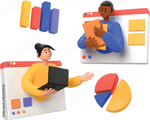 Business Analytics Team Collaboration 3D Icon for Data Strategy and Office Productivity Design