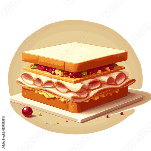 Turkey sandwich with stuffing and cranberries on white napkin