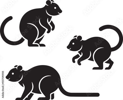 Three cute black kangaroo rats in different poses silhouette