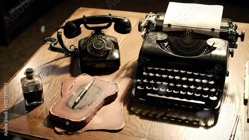 Desk scene vintage phone typewriter ink  writing pad sit on a wooden desk bathed in warm light