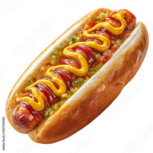 A close up view of a hotdog with mustard ketchup and relish on a bun against a black background photo