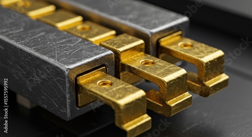 Close-up of three metallic connectors with gold-plated terminals, showing detail and precision engineering. photo
