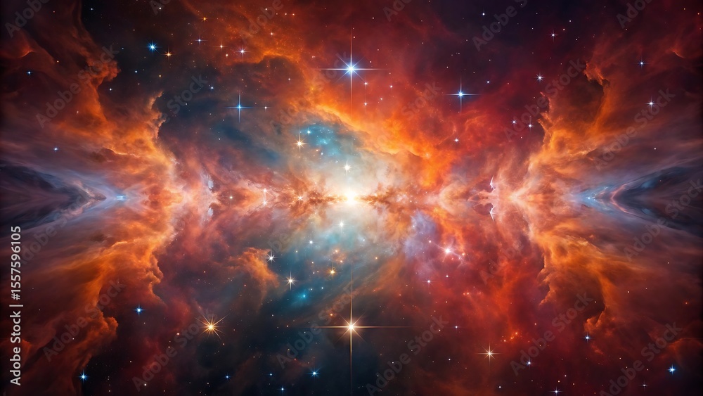 Fototapeta premium Cosmic Nebula with Bright Stars and Fiery Orange and Red Hues
