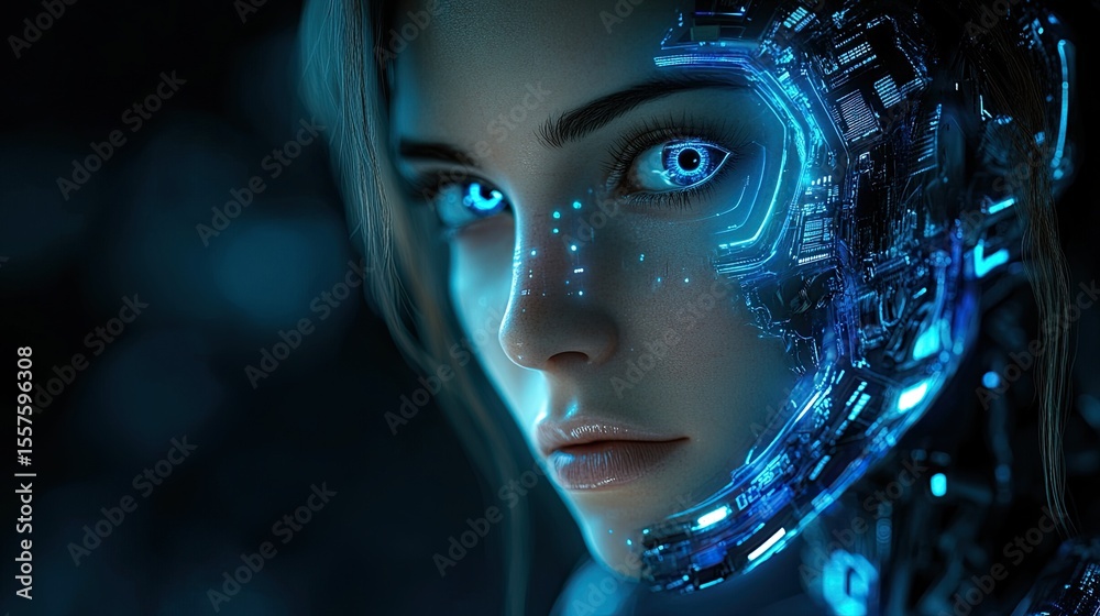 Glowing blue female cyborg with futuristic body design, concept of artificial intelligence, robotics, and technology Glowing blue female cyborg with futuristic body design, concept of artificial intelligence, robotics, and technology