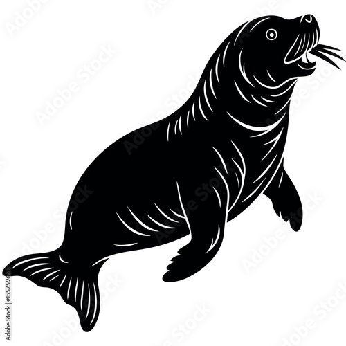 Dynamic silhouette of a walrus leaping joyfully against a clean white background