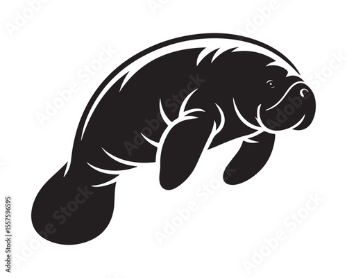 Stylized black manatee silhouette swimming gracefully with white accents silhouette