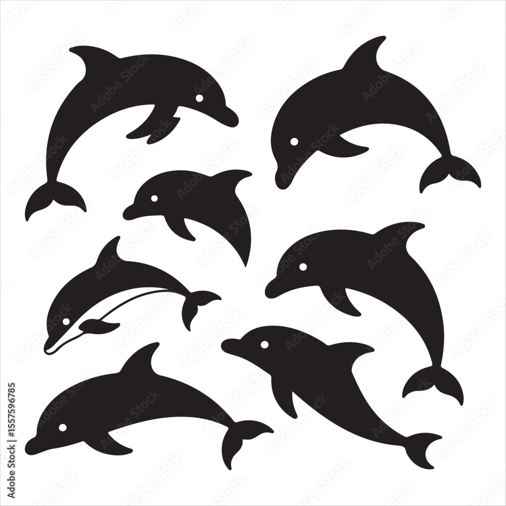 Naklejka premium Collection of black dolphin silhouettes in various poses and movements
