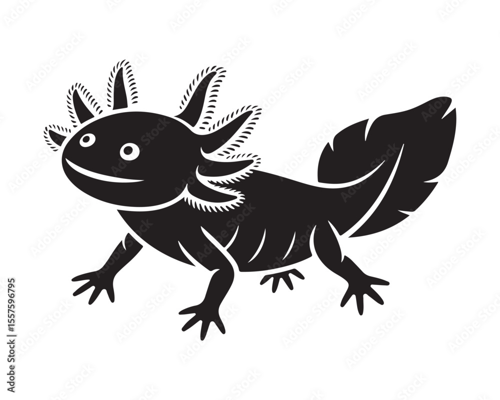 Obraz premium Cute cartoon axolotl with feathery gills and tail silhouette