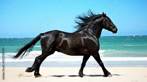 Majestic Black Horse Running on Sandy Beach by Ocean