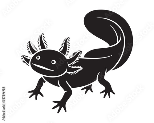 Cute black axolotl silhouette with feathery gills and a long tail