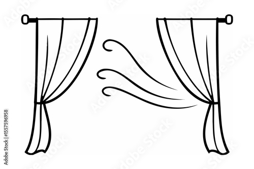 Black line art of billowing curtains illustration fabric