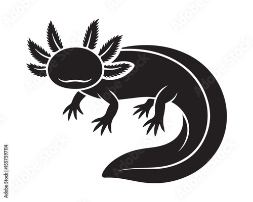 Cute black axolotl with feathery gills in a simple silhouette style