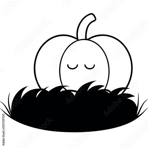 Whimsical sleepy pumpkin resting on a cozy haystack illustration