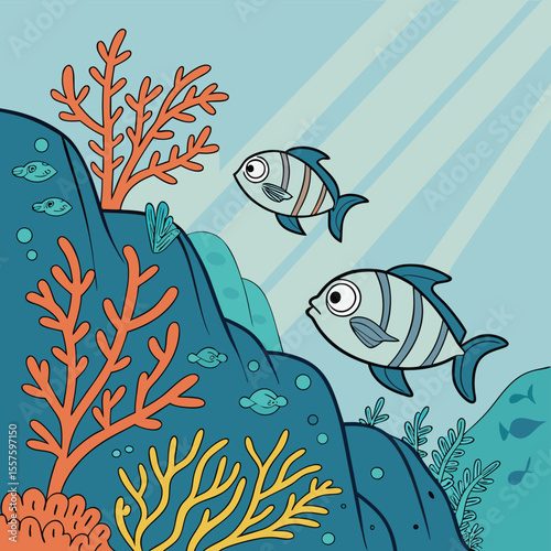 Cartoon illustration of a robotic arm lifting a fish in an underwater environment with coral reefs