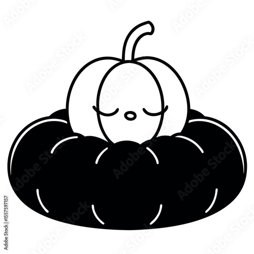Whimsical sleepy pumpkin resting on a cozy haystack illustration
