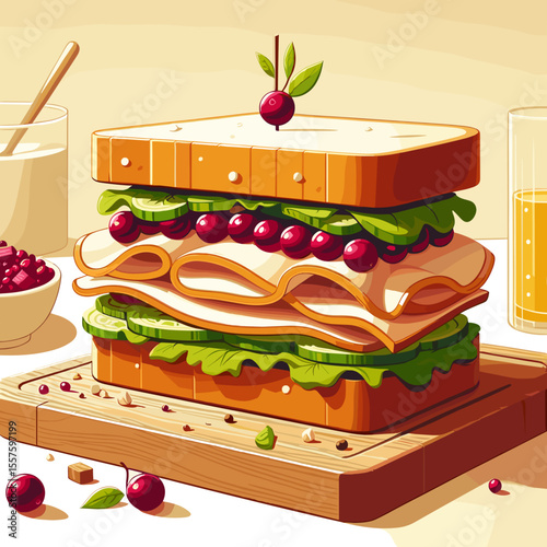Turkey sandwich with lettuce and cranberries on wooden board
