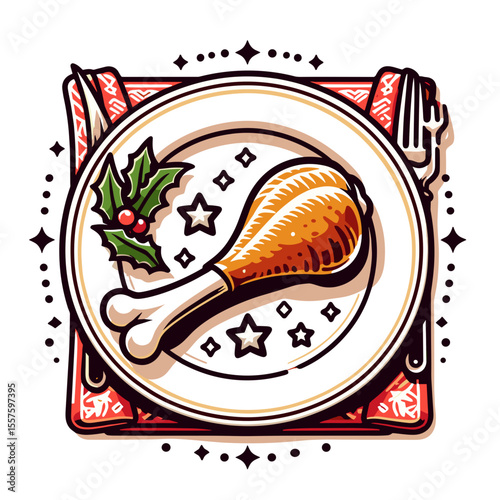 Festive turkey drumstick on holiday plate with holly and stars