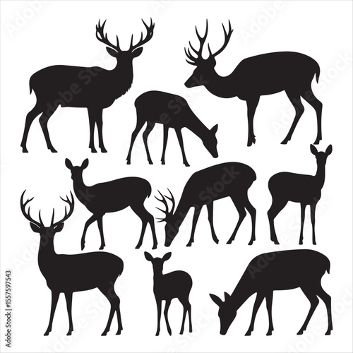 Collection of deer and fawn silhouettes in various poses silhouette