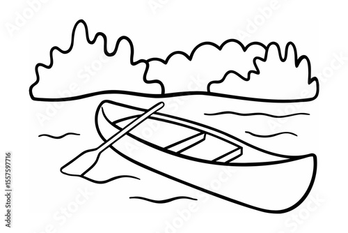 Canoe with paddle on water near shore lake river