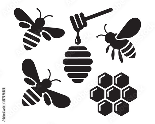 Collection of bee and honey related icons in a modern silhouette style