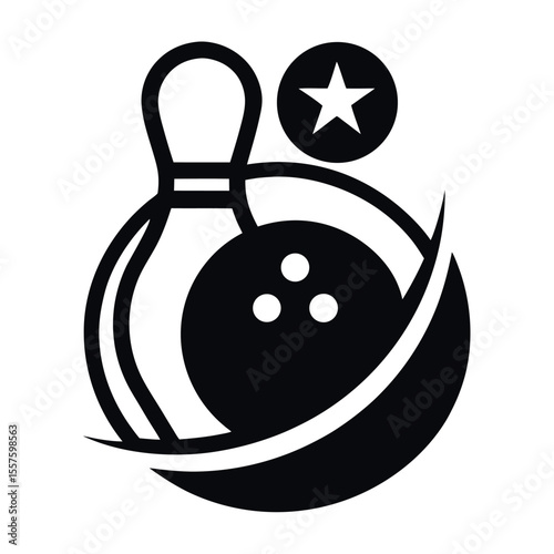 Sleek Black Bowling Pin, Ball with Three Holes, Star Icon Design
