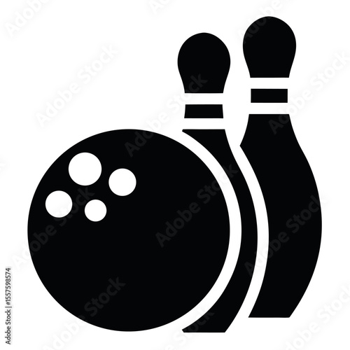 Black Bowling Ball with Finger Holes Next to Two Upright Bowling Pins Silhouette