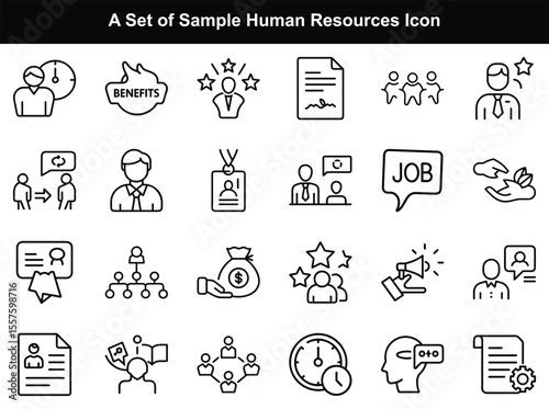 Clean Outline HR & Management Icons  A Comprehensive Set for Business Use,This features a clean outline style showing various human resources and management icons