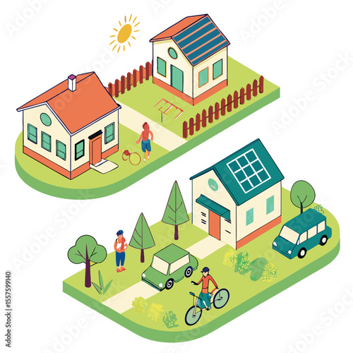 Isometric illustration showcasing two residential areas with houses people vehicles and solar panels present