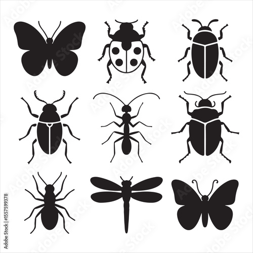 Collection of nine black insect silhouettes including butterflies ladybugs ants and beetles